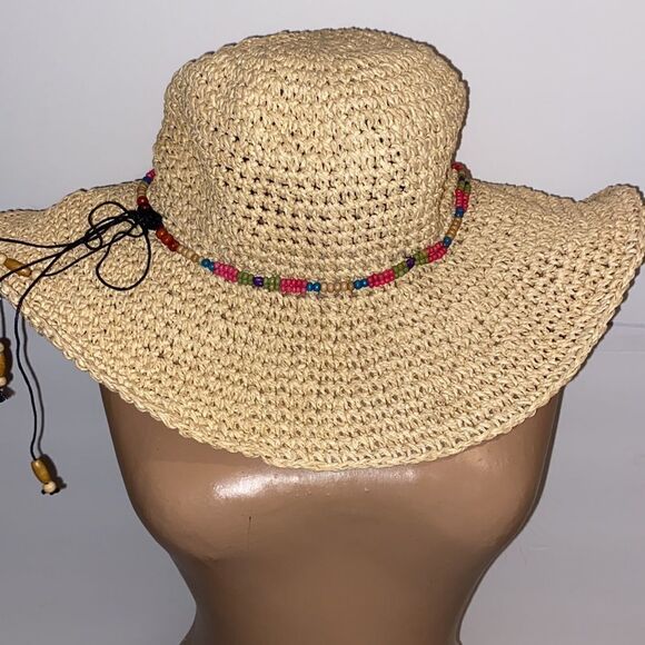 Free Authority Women's Cream Beaded 100% Paper Straw Sun Hat OS - Picture 3 of 6